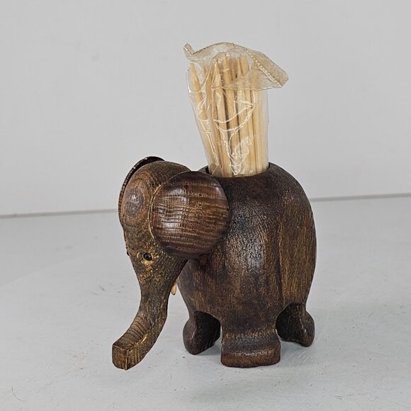 Handcrafted Wooden Elephant Toothpick Holder With Toothpicks *Flawed* - Picture 4 of 8